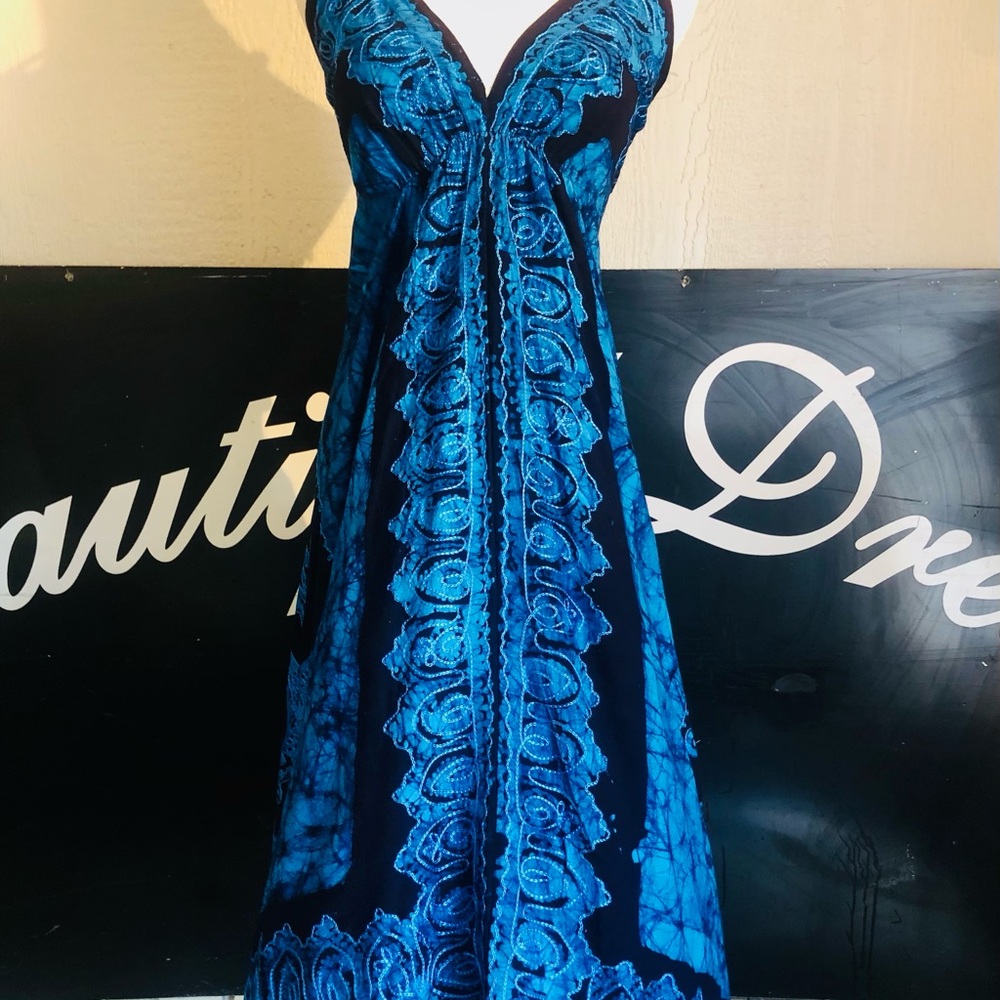 Turquoise Batik Halter Maxi Dress Boho Festival Coachella Handkerchief Hem
